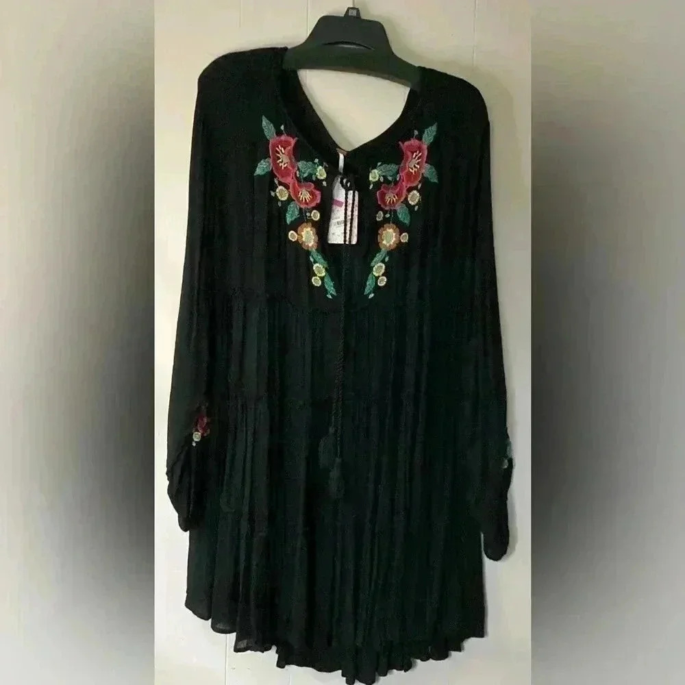 NWT Free People flower Embroidered Tie Front Swing M Spell on You Mini Dress